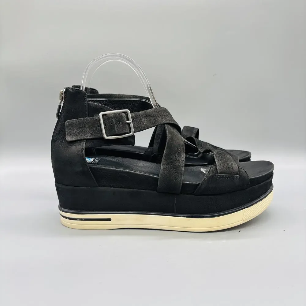 Eileen Fisher Sandals Womens 10 Black Leather Strappy Platform Wedge Zip Shoes